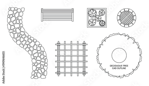 Deciduous tree cad outline and garden landscape furniture symbols for professional site plans