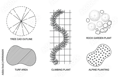 Landscape design elements architectural plan vector collection, tree, turf area, climbing plant, rock garden
