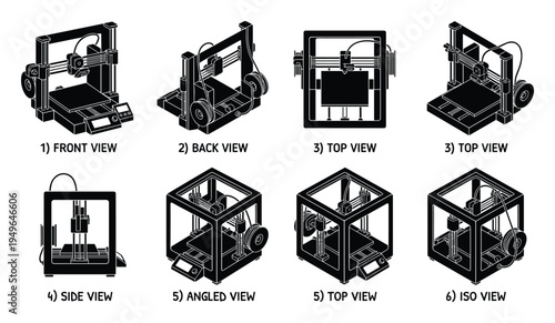 3D printer views set, front, back, top, side, and isometric angled perspectives, manufacturing equipment