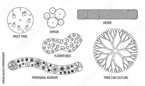 Assorted garden elements and symbols showing shrub hedge fruit tree flower bed perennial border cad outline