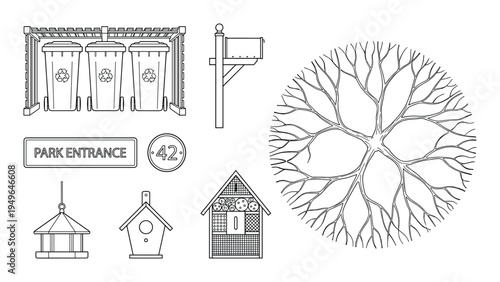 Park amenities and garden accessories including recycling bins mailbox and birdhouse