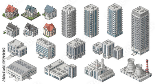 Collection of Isometric Architectural Buildings and Industrial Facilities for City Layouts