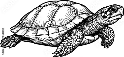 turtle sketch engraving black and white outline. Scratch board imitation. illustrated in vintage line art style on a white background.