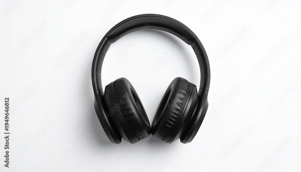 Fototapeta premium A pair of black over-ear headphones resting on a white surface, perfect for music listening and audio production