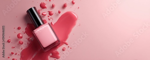 Pink nail polish bottle with glossy finish lying on a pink surface surrounded by splatters and droplets of matching nail polish, close-animated movie shot
