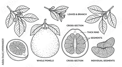 Pomelo fruit leaves branch whole cross section and individual segments illustration