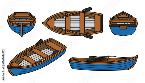 Set of different views and angles of a wooden rowing boat on a transparent background vector illustration