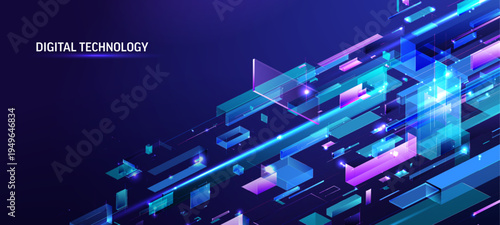 Dynamic digital technology background. Abstract isometric flow, glowing fragments, lines. AI, big data network concept for modern business, cyber security, communication. Futuristic blue-purple design