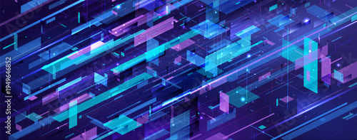 Abstract seamless digital pattern. Dynamic tech background, glowing fragments, lines. AI, big data network concept. Modern business, virtual reality, cyberpunk design. Futuristic blue-purple texture