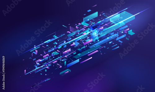 Dynamic digital network flow. Abstract isometric tech fragments, glowing lines. AI, blockchain infrastructure concept for data transfer, cyber space modern business. Futuristic blue-purple background