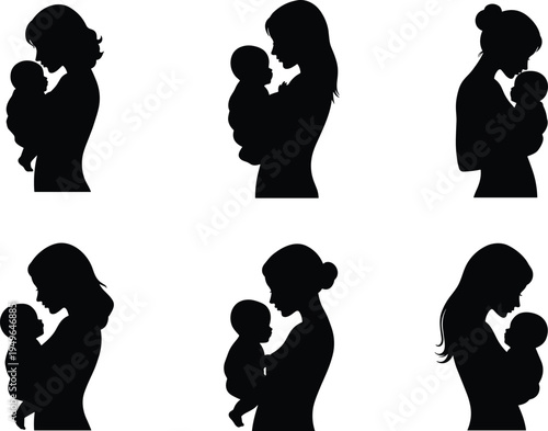 Mother holding baby, maternal love, woman silhouette, black vector, nurturing pose, motherhood concept, child care, profile view