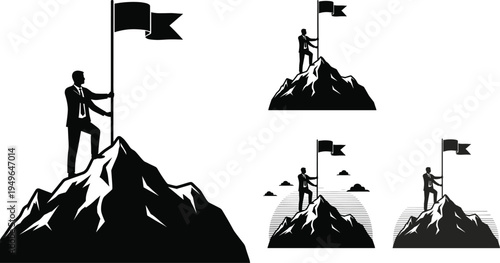 Mountain peak success, achievement flag, goal reached, silhouette, sunrise lines, victory pose, cad drawing flat vector illustration