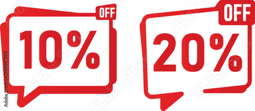 10% 20% Off Sale Discount Badges Set - Red Price Reduction Labels Tags Speech Bubble Promotional Marketing Icons for Shopping E-commerce Design
