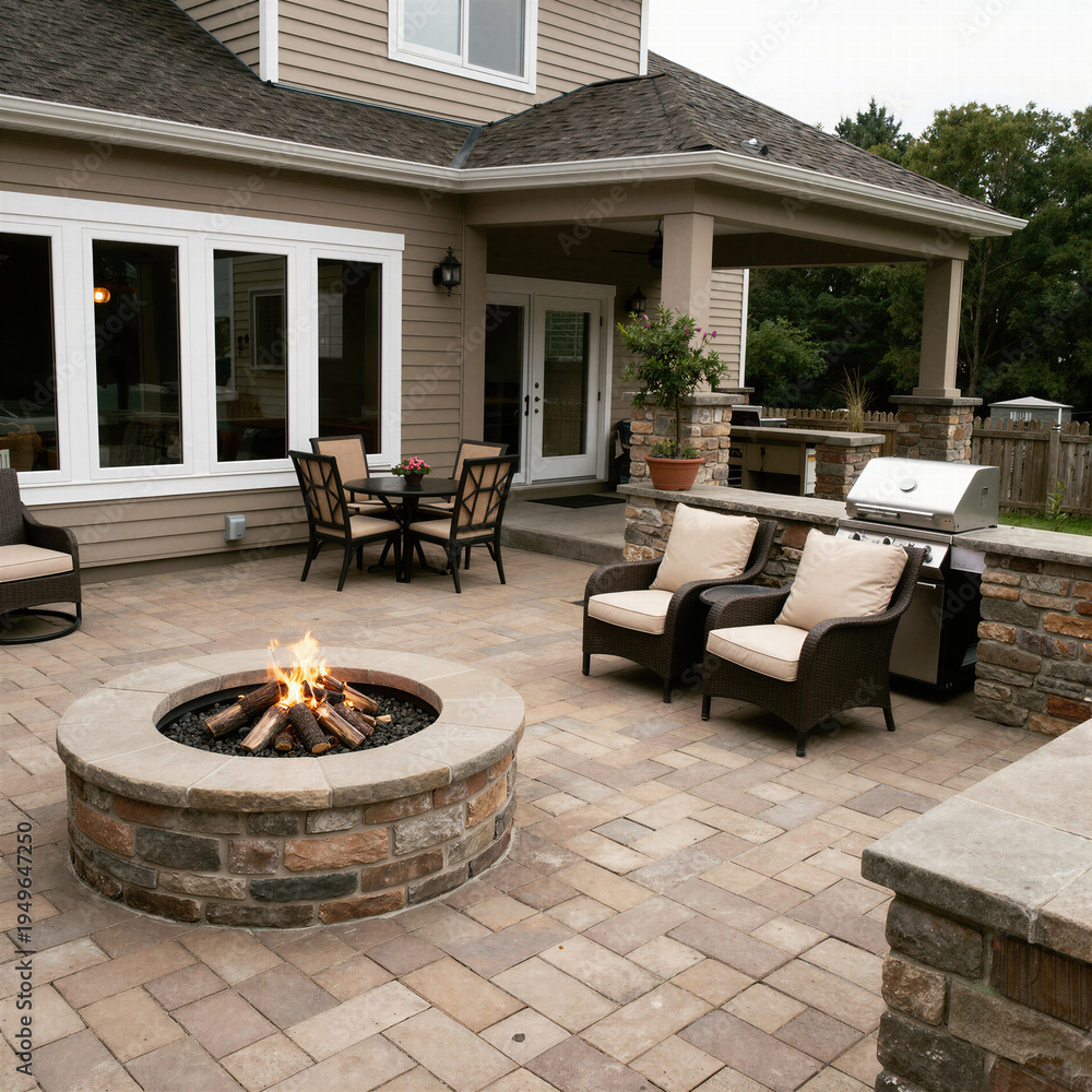 Fototapeta premium Breathtaking luxury residential backyard featuring a modern circular seating area around a cozy fire pit, surrounded by beautiful green nature landscaping.