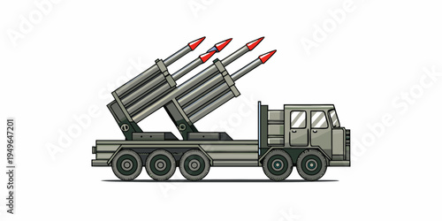 Illustration of a mobile rocket launcher system mounted on a truck