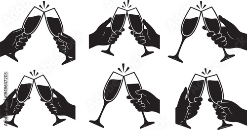 Black Silhouettes of Hands Clinking Wine Glasses Together