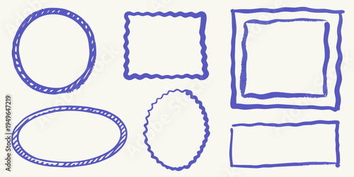 Hand drawn blue frames and borders in various shapes and sizes
