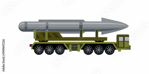 A flat cartoon illustration of a missile on a transport vehicle
