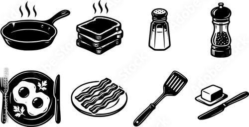 Flat design breakfast icon set showing fried egg bacon skillet spatula plate fork and knife salt shaker and steam toast