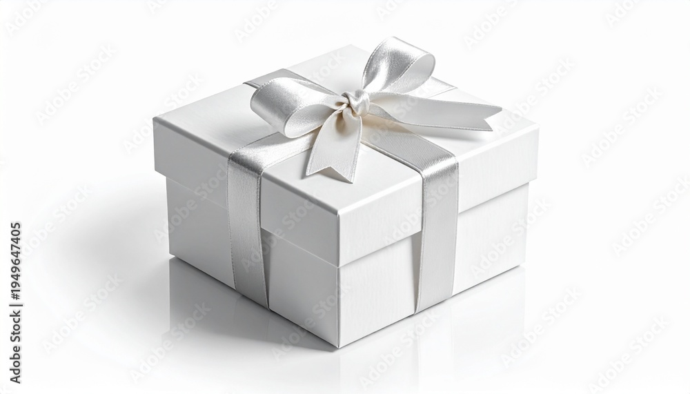 Obraz premium Elegant white gift box meticulously tied with a lustrous satin ribbon, symbolizing a thoughtful present, surprise, and the joy of a special occasion, isolated on a pristine white background