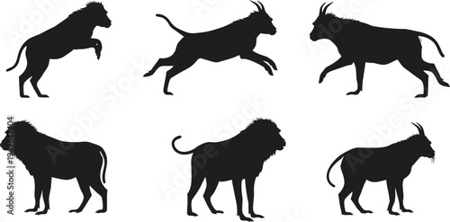 Mythical creature silhouettes, hybrid feline canine poses, fantasy beast, horned animal, wildlife vector illustration design set