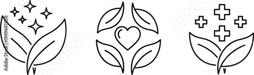 Natural organic leaf icons set with heart and cross symbols for healthcare wellness environment conservation sustainability thin line art vector.