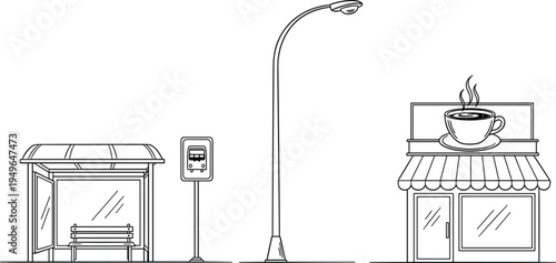 Black and white urban vector set featuring bus stop shelter street lamp and coffee shop storefront architecture,