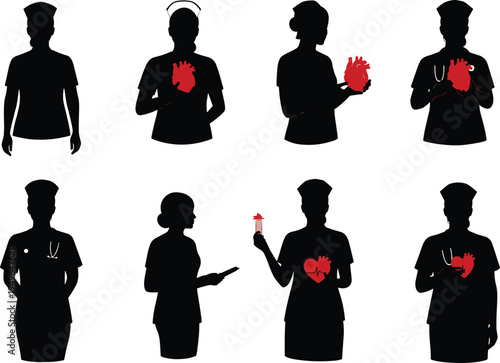 Nurse silhouette illustration with red heart symbols, healthcare compassion, medical support, nursing profession appreciation concept design