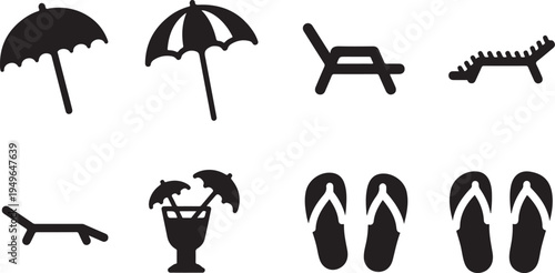 Black silhouettes of beach vacation icons and accessories