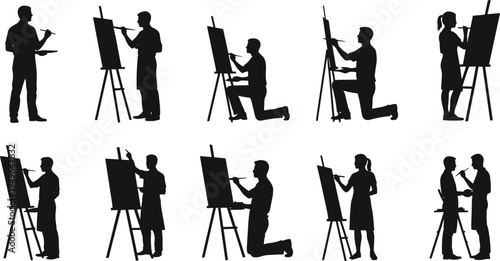 Painter silhouette, artist easel, painting canvas, creative work, art studio, brush palette, artistic job, professional occupation
