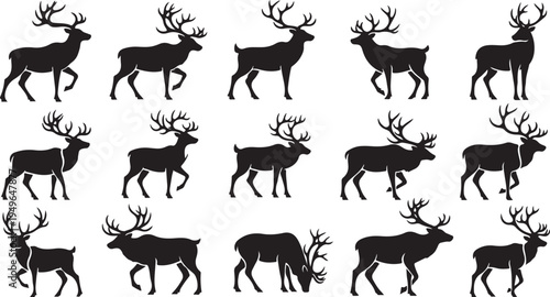 Set of reindeer silhouettes in various poses and movements