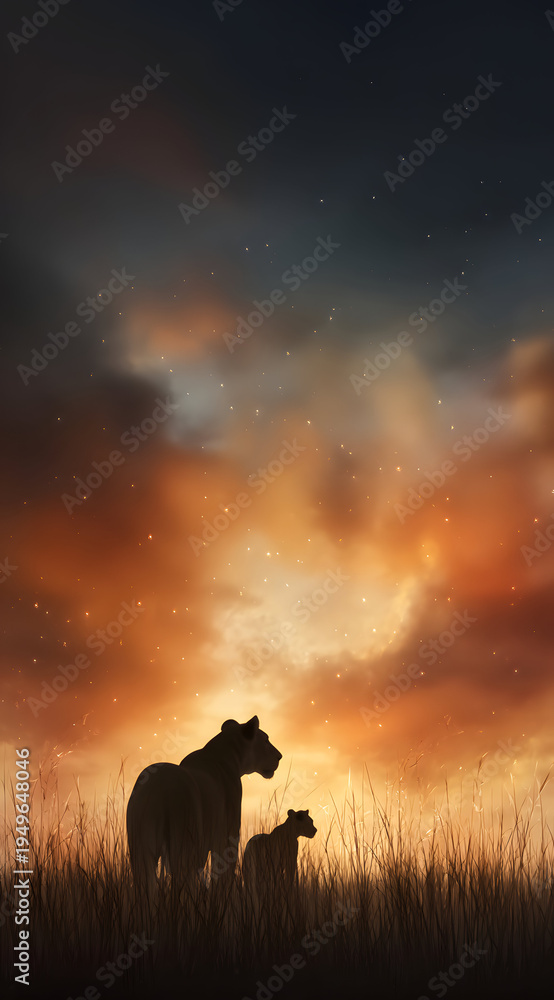Fototapeta premium Lioness and Cub Silhouette Against a Dramatic Sunset Sky.