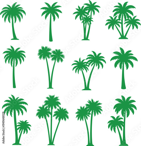 Palm tree silhouettes, tropical foliage, beach icons, exotic plants, summer vibes, jungle shapes, nature elements, vector palm collection
