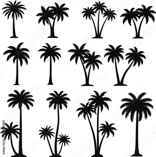 Palm tree variety, tropical silhouettes, exotic foliage, beach plants, jungle icons, summer shapes, nature elements, vector palm grid