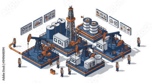 Isometric Oil and Gas Industry Production with Drilling Rigs and Storage Tanks.