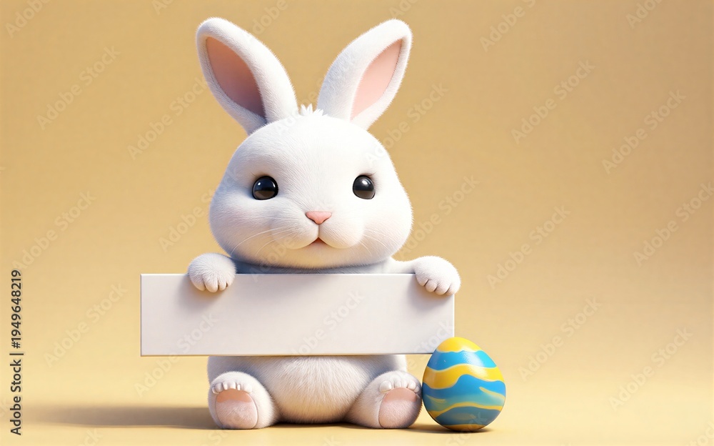 Fototapeta premium Cute white bunny holds sign beside colorful Easter egg on warm
