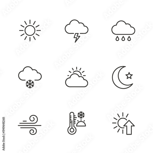 Collection of Weather Icons Representing Diverse Meteorological Conditions including Sun, Clouds, Rain, Snow, Thunderstorms, Wind, and Temperature