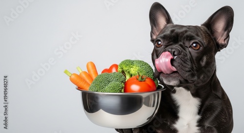 French Bulldog Dog Licking Lips Ready to Eat Bowl of Fresh Vegetables Broccoli Carrots Tomato Healthy Eating Diet Nutrition Photography