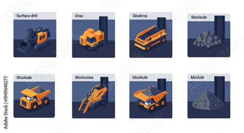 Mining equipment and materials collection in isometric view.