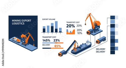 Mining Export Logistics Infographic with Isometric Cranes and Cargo Ship.
