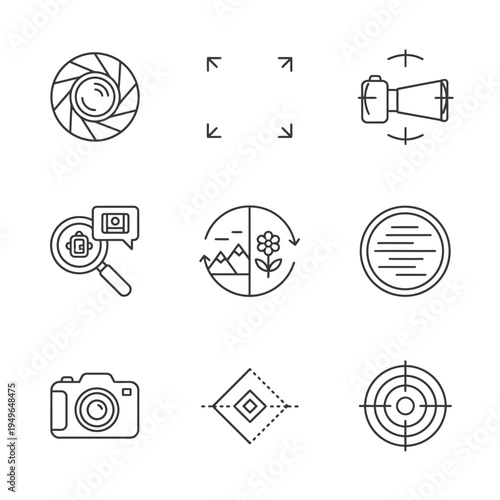 Set of 9 thin line icons for photography and imaging, featuring a camera, lens aperture, magnifying glass, target, and more