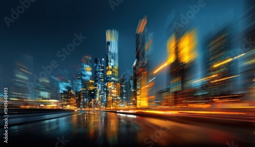 High-substance motion blur of vibrant city streets at night with streaks of colorful lights and illuminated skyscrapers