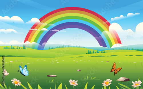 Vibrant rainbow in blue sky above green meadow with flying butterflies and flowers. Vector cartoon landscape illustration