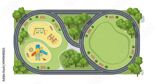 Aerial top-down view of a vibrant public park with a kids playground area, walking paths, and a miniature railway track, ideal for recreation