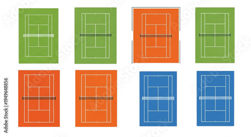 Collection of different tennis court types and colors in a grid layout