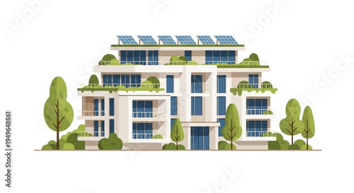 Modern Architectural Design of a Green Building with Solar Panels and Lush Vertical Gardens
