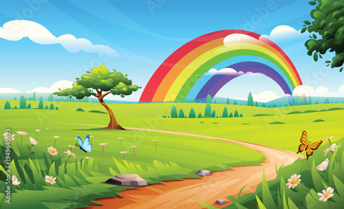 Winding road through green hills under a bright rainbow and clear blue sky. Vector cartoon landscape illustration