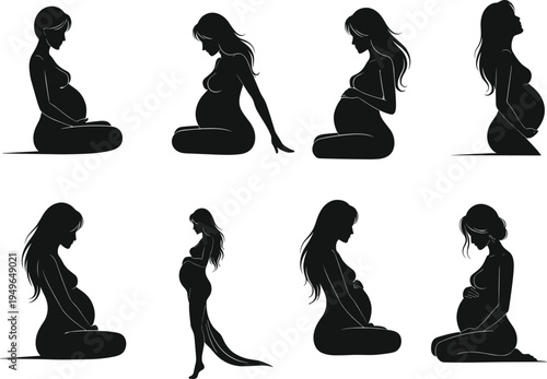 Pregnant woman silhouette illustration, maternity stages, seated and standing poses, motherhood journey, pregnancy wellness, family care concept design