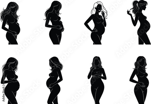 Pregnant woman silhouette illustration, maternity stages, motherhood journey, pregnancy poses, health, wellness, family care concept design