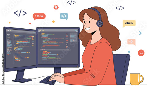 Programmer at desk, dual monitors, coding workspace, software developer, headphones, coffee mug, floating code icons, tech setup